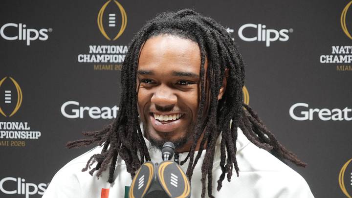 Jan 17, 2026; Miami, Florida, USA; Miami Hurricanes running back Mark Fletcher Jr. during media day for the 2025 College Football Playoff National Championship at Miami Beach Convention Center. Mandatory Credit: Kirby Lee-Imagn Images
