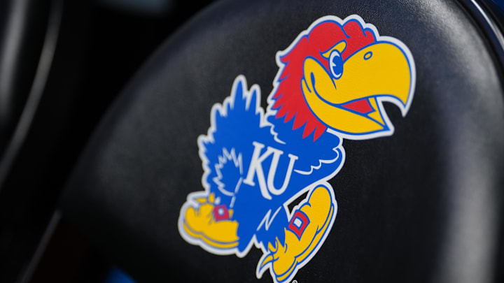 Nov 16, 2024; Lawrence, Kansas, USA; A general view of the Kansas Jayhawks logo on a bench chair prior to a game against the Oakland Golden Grizzlies at Allen Fieldhouse. Mandatory Credit: Denny Medley-Imagn Images Nov 16, 2024; Lawrence, Kansas, USA; A general view of the Kansas Jayhawks logo on a bench chair prior to a game against the Oakland Golden Grizzlies at Allen Fieldhouse. Mandatory Credit: Denny Medley-Imagn Images