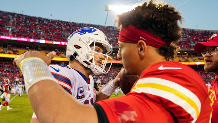 Oct 16, 2022; Kansas City, Missouri, USA; Buffalo Bills quarterback Josh Allen (17) hugs Kansas City Chiefs quarterback Patrick Mahomes (15) after a game at GEHA Field at Arrowhead Stadium. Mandatory Credit: Jay Biggerstaff-Imagn Images