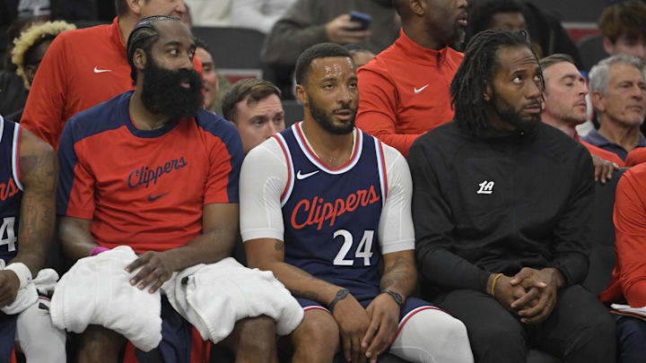 Los Angeles Clippers guard James Harden (1), guard Norman Powell (24) and forward Kawhi Leonard (2) looks on from the bench in the first half against the Portland Trail Blazers at Intuit Dome. Mandatory Credit: Jayne Kamin-Oncea-Imagn Images Los Angeles Clippers guard James Harden (1), guard Norman Powell (24) and forward Kawhi Leonard (2) looks on from the bench in the first half against the Portland Trail Blazers at Intuit Dome. Mandatory Credit: Jayne Kamin-Oncea-Imagn Images