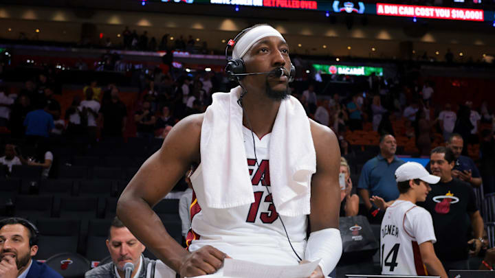 Oct 28, 2025; Miami, Florida, USA; Miami Heat center Bam Adebayo (13) is interviewed after the game against the Charlotte Hornets at Kaseya Center. Mandatory Credit: Sam Navarro-Imagn Images
