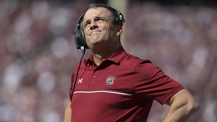 Nov 15, 2025; College Station, Texas, USA; South Carolina Gamecocks head coach Shane Beamer looks up during the second quarter against the Texas A&M Aggies at Kyle Field. Mandatory Credit: Troy Taormina-Imagn Images