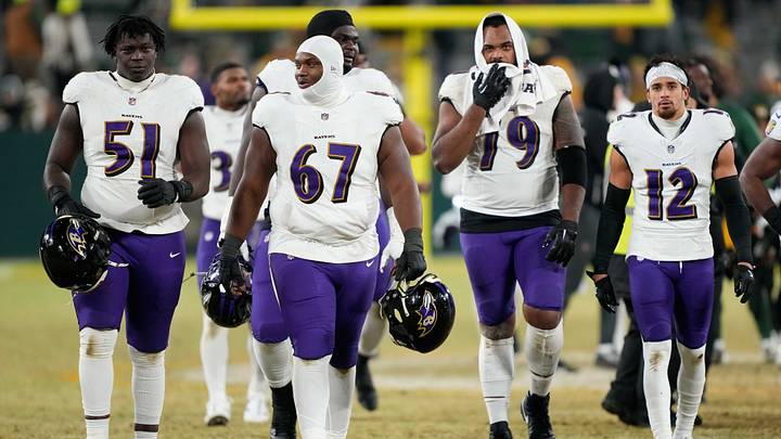 Dec 27, 2025; Green Bay, Wisconsin, USA; Baltimore Ravens offensive tackle Emery Jones Jr. (51), Baltimore Ravens center Corey Bullock (67), Baltimore Ravens defensive tackle CJ Okoye (91), Baltimore Ravens offensive tackle Ronnie Stanley (79) and Baltimore Ravens safety Alohi Gilman (12) after a game against the Green Bay Packers at Lambeau Field. Mandatory Credit: Kayla Wolf-Imagn Images Dec 27, 2025; Green Bay, Wisconsin, USA; Baltimore Ravens offensive tackle Emery Jones Jr. (51), Baltimore Ravens center Corey Bullock (67), Baltimore Ravens defensive tackle CJ Okoye (91), Baltimore Ravens offensive tackle Ronnie Stanley (79) and Baltimore Ravens safety Alohi Gilman (12) after a game against the Green Bay Packers at Lambeau Field. Mandatory Credit: Kayla Wolf-Imagn Images