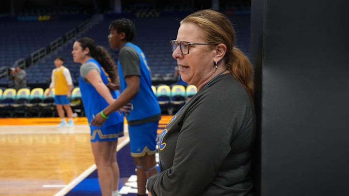 Apr 3, 2025; Tampa, FL, USA; UCLA Bruins head coach Cori Close during practice at Amalie Arena. Mandatory Credit: Kirby Lee-Imagn Images