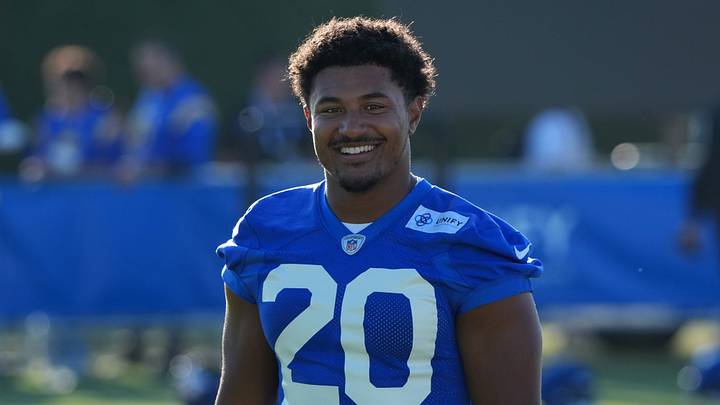 Jul 23, 2025; Los Angeles, CA, USA; Los Angeles Rams running back Ronnie Rivers (20) during training camp at Loyola Marymount University. Mandatory Credit: Kirby Lee-Imagn Images Jul 23, 2025; Los Angeles, CA, USA; Los Angeles Rams running back Ronnie Rivers (20) during training camp at Loyola Marymount University. Mandatory Credit: Kirby Lee-Imagn Images