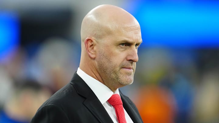Dec 28, 2024; Inglewood, California, USA; Arizona Cardinals general manager Monti Ossenfort watches from the sidelines against the Los Angeles Rams at SoFi Stadium. Mandatory Credit: Kirby Lee-Imagn Images