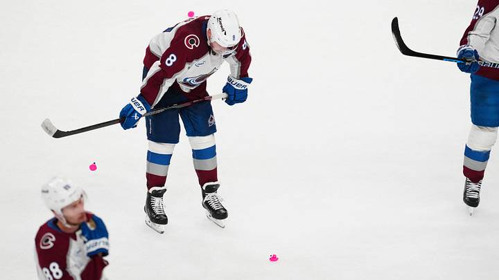 May 26, 2026; Las Vegas, Nevada, USA; Colorado Avalanche defenseman Cale Makar (8) reacts to the loss against the Vegas Golden Knights in game four of the Western Conference Final of the 2026 Stanley Cup Playoffs at T-Mobile Arena. Mandatory Credit: Stephen R. Sylvanie-Imagn Images