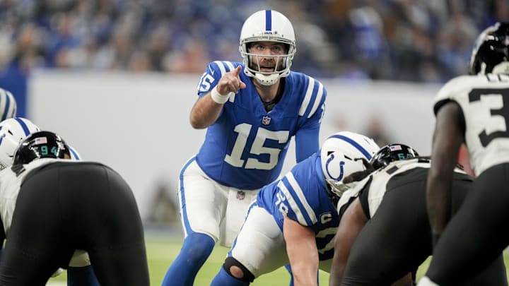 Jan 5, 2025; Indianapolis, Indiana, USA; Indianapolis Colts quarterback Joe Flacco (15) yells from the line of scrimmage during a game against the Jacksonville Jaguars at Lucas Oil Stadium. Mandatory Credit: Grace Hollars/USA TODAY Network via Imagn Images