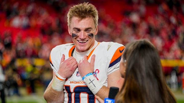 Denver Broncos quarterback Bo Nix (10) gives an interview after the game at GEHA Field at Arrowhead Stadium. Denver Broncos quarterback Bo Nix (10) gives an interview after the game at GEHA Field at Arrowhead Stadium.