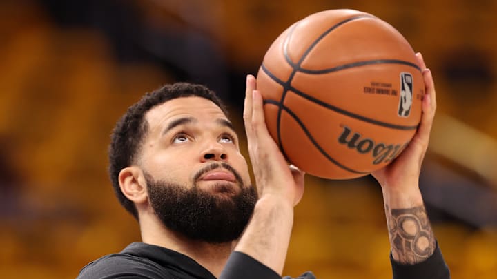 Apr 28, 2025; San Francisco, California, USA; Houston Rockets guard Fred VanVleet (5) warms up before game four of the 2025 NBA Playoffs first round against the Golden State Warriors at Chase Center. Mandatory Credit: Kelley L Cox-Imagn Images