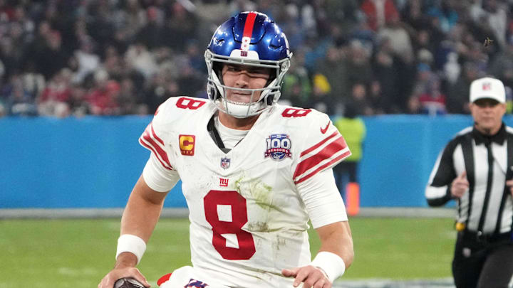 Nov 10, 2024; Munich, Germany; New York Giants quarterback Daniel Jones (8) carries the ball against the New York Giants in the second half during the 2024 NFL Munich Game at Allianz Arena. Nov 10, 2024; Munich, Germany; New York Giants quarterback Daniel Jones (8) carries the ball against the New York Giants in the second half during the 2024 NFL Munich Game at Allianz Arena.