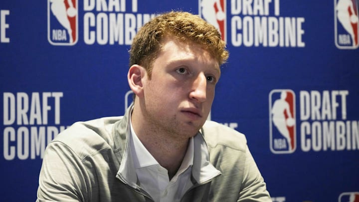 May 14, 2025; Chicago, Il, USA; Danny Wolf talks to the media during the 2025 NBA Draft Combine at Marriott Marquis Chicago. Mandatory Credit: David Banks-Imagn Images May 14, 2025; Chicago, Il, USA; Danny Wolf talks to the media during the 2025 NBA Draft Combine at Marriott Marquis Chicago. Mandatory Credit: David Banks-Imagn Images