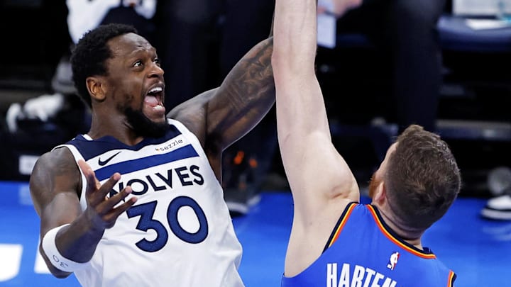 May 28, 2025; Oklahoma City, Oklahoma, USA; Minnesota Timberwolves forward Julius Randle (30) shoots the ball against Oklahoma City Thunder center Isaiah Hartenstein (55) during the third quarter in game five of the western conference finals for the 2025 NBA Playoffs at Paycom Center. Mandatory Credit: Alonzo Adams-Imagn Images May 28, 2025; Oklahoma City, Oklahoma, USA; Minnesota Timberwolves forward Julius Randle (30) shoots the ball against Oklahoma City Thunder center Isaiah Hartenstein (55) during the third quarter in game five of the western conference finals for the 2025 NBA Playoffs at Paycom Center. Mandatory Credit: Alonzo Adams-Imagn Images