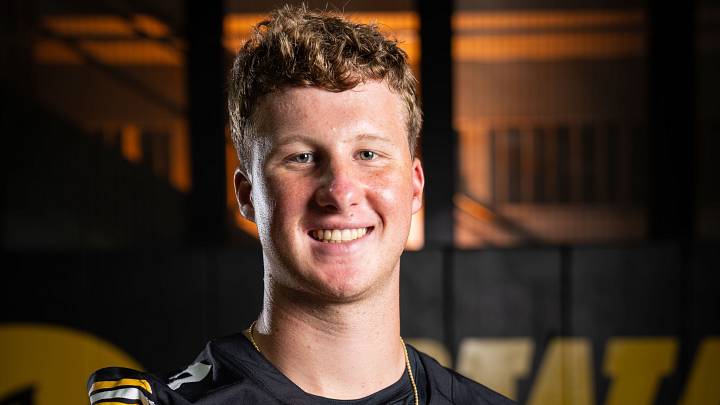 Iowa quarterback Jimmy Sullivan (3) stands for a portrait during Hawkeye football media day, Friday, Aug. 14, 2026, in Iowa City.