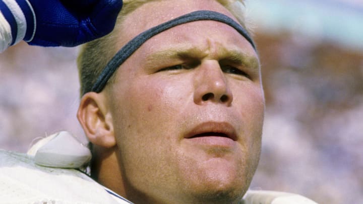 Oct 25, 1987; Los Angeles, CA, USA: FILE PHOTO; Seattle Seahawks linebacker Brian Bosworth (55) on the sideline at the Los Angeles Memorial Coliseum. Mandatory Credit: Long Photography-Imagn Images