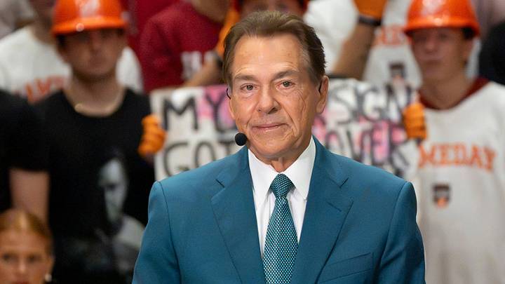 ESPN’s College GameDay co-host and former Alabama head coach Nick Saban waits on set for the show to begin. ESPN’s College GameDay co-host and former Alabama head coach Nick Saban waits on set for the show to begin.