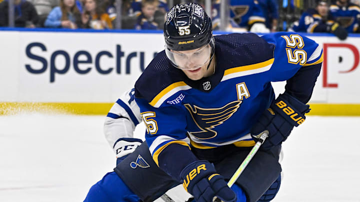 Feb 19, 2024; St. Louis, Missouri, USA;  St. Louis Blues defenseman Colton Parayko (55) controls the