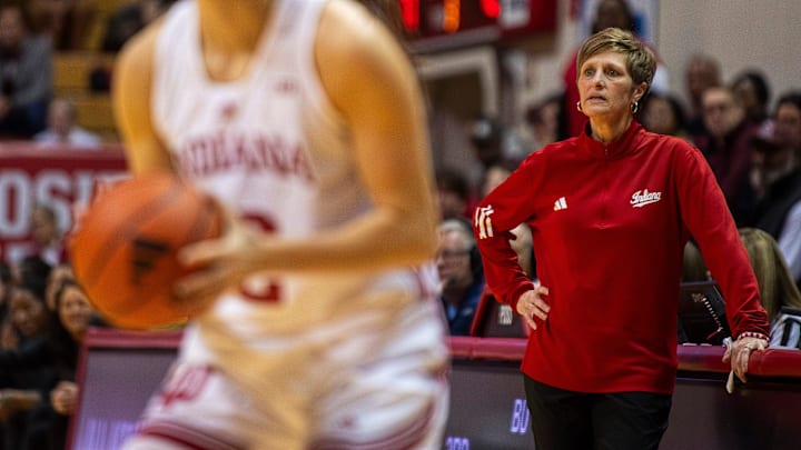 Indiana Head Coach Teri Moren watches during the Indiana versus Bellarmine women's basketball game at Simon Skjodt Assembly Hall on Sunday, Dec. 15, 2024. Indiana Head Coach Teri Moren watches during the Indiana versus Bellarmine women's basketball game at Simon Skjodt Assembly Hall on Sunday, Dec. 15, 2024.