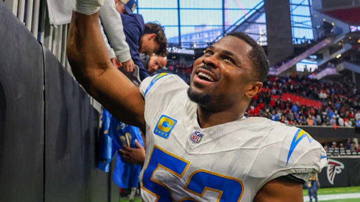 Dec 1, 2024; Atlanta, Georgia, USA; Los Angeles Chargers linebacker Khalil Mack (52) celebrates with fans after a victory over the Atlanta Falcons at Mercedes-Benz Stadium. Mandatory Credit: Brett Davis-Imagn Images