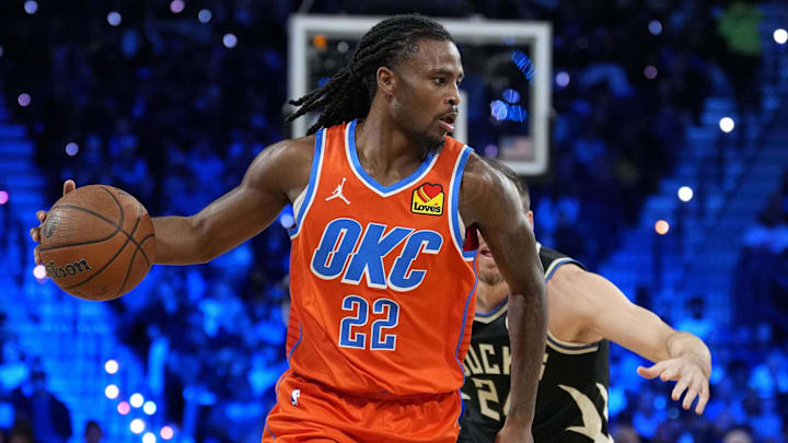 Dec 17, 2024; Las Vegas, Nevada, USA; Oklahoma City Thunder guard Cason Wallace (22) dribbles during the 1st quarter of the Emirates NBA Cup championship game against the Milwaukee Bucks at T-Mobile Arena. Mandatory Credit: Kyle Terada-Imagn Images Dec 17, 2024; Las Vegas, Nevada, USA; Oklahoma City Thunder guard Cason Wallace (22) dribbles during the 1st quarter of the Emirates NBA Cup championship game against the Milwaukee Bucks at T-Mobile Arena. Mandatory Credit: Kyle Terada-Imagn Images