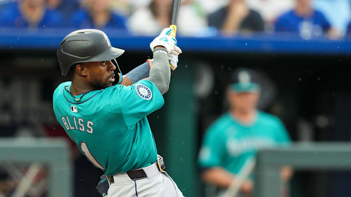Seattle Mariners second baseman Ryan Bliss (1) hits a home run during the first inning against the Kansas City Royals at Kauffman Stadium on June 7.