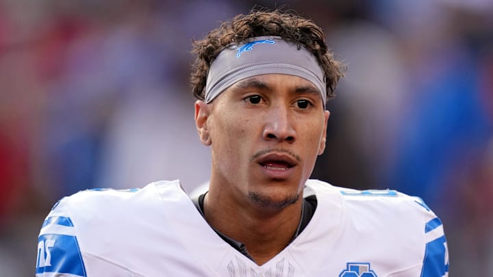 Jan 28, 2024; Santa Clara, California, USA; Detroit Lions wide receiver Josh Reynolds (8) looks on during warmups before the NFC Championship football game against the San Francisco 49ers at Levi's Stadium. Mandatory Credit: Kyle Terada-Imagn Images
