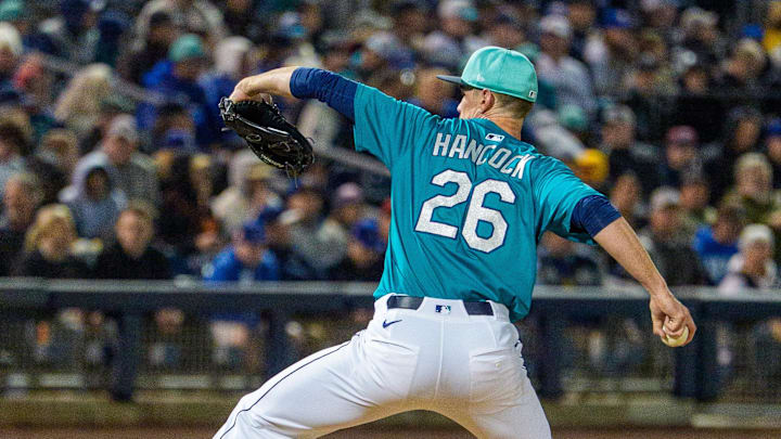 Seattle Mariners pitcher Emerson Hancock (26) on the mound during the first inning of a spring training game between the Los Angeles Dodgers and Seattle Mariners at Peoria Sports Complex on March 7.