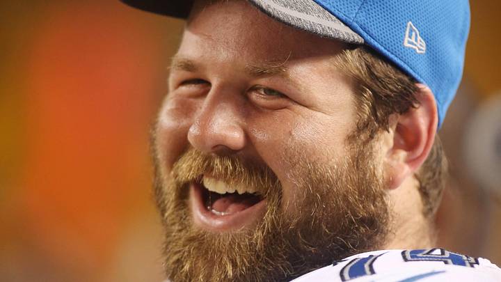 Aug 12, 2016; Pittsburgh, PA, USA;  Detroit Lions offensive guard Geoff Schwartz (74) reacts on the sidelines against the Pittsburgh Steelers during the fourth quarter at Heinz Field. The Lions won 30-17.