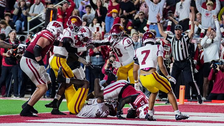 Wisconsin Badgers running back Bryan Jackson II (21) scores a touchdown during the game against USC, Oct. 24, 2026, at Camp Randall Stadium in Madison, Wisconsin.