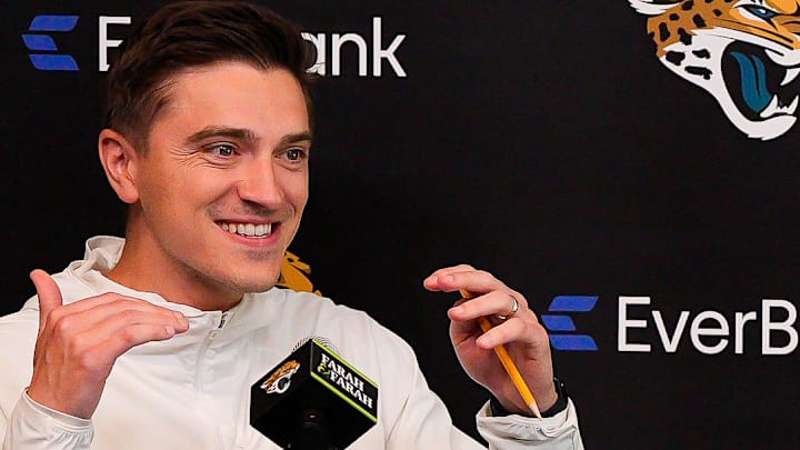 Jacksonville Jaguars General Manager James Gladstone talks about the process of making a list of who they want to draft and how that changes if another team picks their pick during the Jaguars’ annual pre-draft luncheon press conference in the media room at the Miller Electric Center Thursday April 9, 2026 in Jacksonville Fla. 