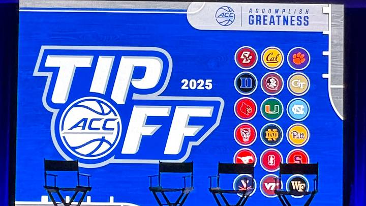 ACC team logos on the stage at the 2025 ACC Basketball Media Tipoff event in Charlotte. ACC team logos on the stage at the 2025 ACC Basketball Media Tipoff event in Charlotte.