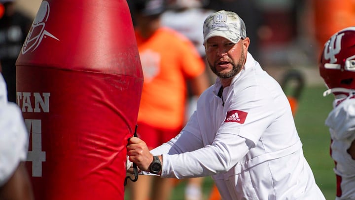 Indiana defensive coordinator Bryant Haines instructs players during fall practice Aug. 16, 2024, at the Mellencamp Pavilion. Indiana defensive coordinator Bryant Haines instructs players during fall practice Aug. 16, 2024, at the Mellencamp Pavilion.