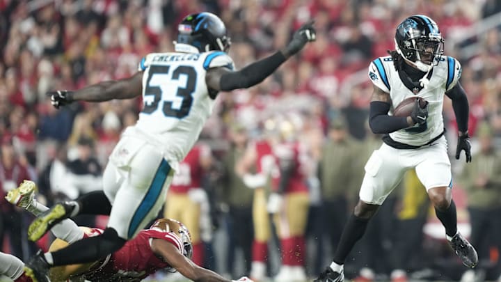 Nov 24, 2025; Santa Clara, California, USA; Carolina Panthers cornerback Jaycee Horn (8) catches an interception against the San Francisco 49ers during the first half at Levi's Stadium. Nov 24, 2025; Santa Clara, California, USA; Carolina Panthers cornerback Jaycee Horn (8) catches an interception against the San Francisco 49ers during the first half at Levi's Stadium.