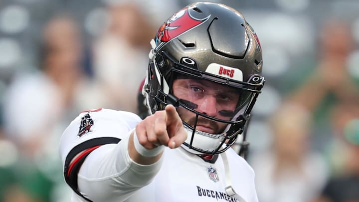 Aug 19, 2023; East Rutherford, New Jersey, USA; Tampa Bay Buccaneers quarterback Baker Mayfield (6)  Mandatory Credit: Vincent Carchietta-Imagn Images
