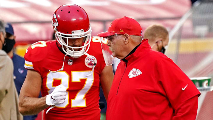 Sep 10, 2020; Kansas City, Missouri, USA; Kansas City Chiefs head coach Andy Reid talks with tight end Travis Kelce (87) before the game against the Houston Texans at Arrowhead Stadium. Mandatory Credit: Denny Medley-Imagn Images Sep 10, 2020; Kansas City, Missouri, USA; Kansas City Chiefs head coach Andy Reid talks with tight end Travis Kelce (87) before the game against the Houston Texans at Arrowhead Stadium. Mandatory Credit: Denny Medley-Imagn Images