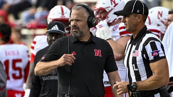 Oct 11, 2025; College Park, Maryland, USA;  Nebraska Cornhuskers head coach Matt Rhule walks the sidelines during the game against the Maryland Terrapins at SECU Stadium. Mandatory Credit: Tommy Gilligan-Imagn Images