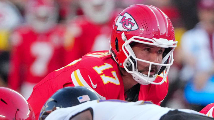 Sep 28, 2025; Kansas City, Missouri, USA; Kansas City Chiefs quarterback Gardner Minshew (17) goes under center against the Baltimore Ravens during the game at GEHA Field at Arrowhead Stadium. Mandatory Credit: Denny Medley-Imagn Images