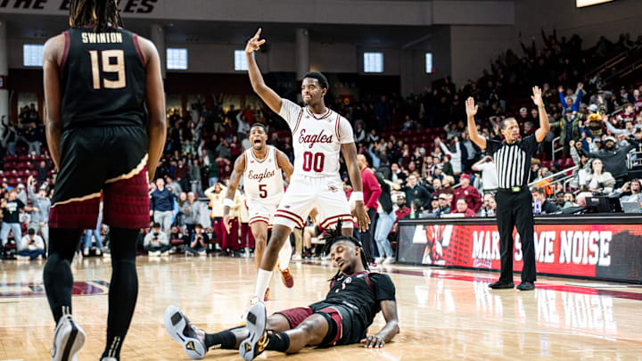 Boston College's Chas Kelley III celebrates a game-winning three pointer in Saturday's game against Florida State. Kelley's three-pointer gave the Eagles a 77-76 win. Boston College's Chas Kelley III celebrates a game-winning three pointer in Saturday's game against Florida State. Kelley's three-pointer gave the Eagles a 77-76 win.