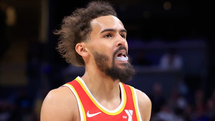 Trae Young #1 of the Atlanta Hawks reacts on against the Indiana Pacers.