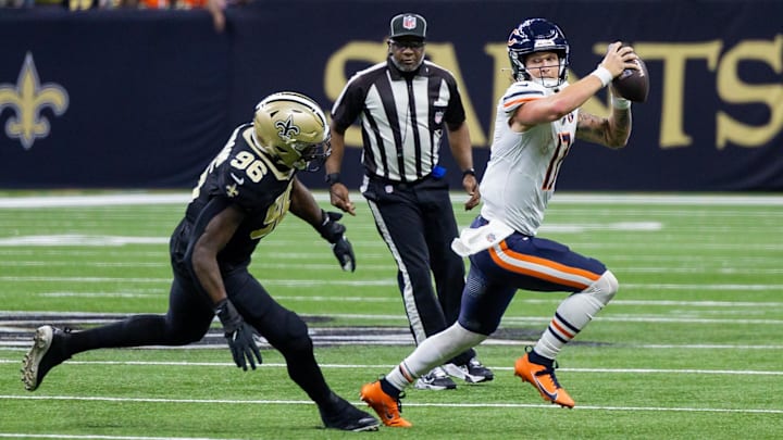 Saints edge player Carl Granderson gives chase to Tyson Bagent in the last Bears matchup against New Orleans. Saints edge player Carl Granderson gives chase to Tyson Bagent in the last Bears matchup against New Orleans.