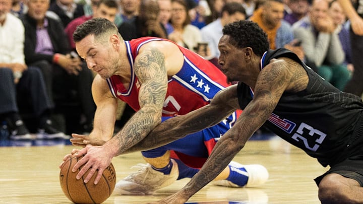 Nov 1, 2018; Philadelphia, PA, USA; Philadelphia 76ers guard JJ Redick (17) grabs a loose ball past LA Clippers guard Lou Williams (23) during the second quarter at Wells Fargo Center. Mandatory Credit: Bill Streicher-USA TODAY Sports