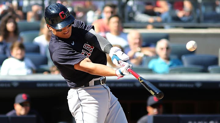 Sep 18, 2021: Cleveland Indians first baseman Yu Chang (2) hits a two run double against the New York Yankees during the fifth inning at Yankee Stadium. 