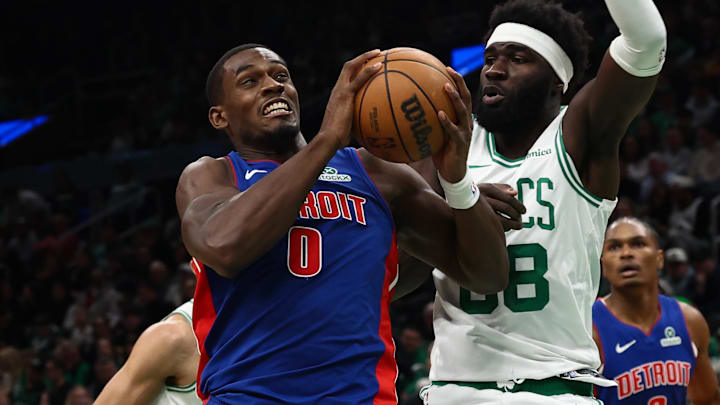 Dec 15, 2025; Boston, Massachusetts, USA; Detroit Pistons center Jalen Duren (0) tries to get past Boston Celtics center Neemias Queta (88) during the first quarter at TD Garden. Mandatory Credit: Winslow Townson-Imagn Images Dec 15, 2025; Boston, Massachusetts, USA; Detroit Pistons center Jalen Duren (0) tries to get past Boston Celtics center Neemias Queta (88) during the first quarter at TD Garden. Mandatory Credit: Winslow Townson-Imagn Images