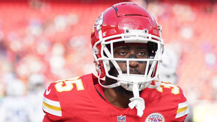 Nov 23, 2025; Kansas City, Missouri, USA; Kansas City Chiefs cornerback Jaylen Watson (35) takes the field against the Indianapolis Colts for warm ups prior to a game at GEHA Field at Arrowhead Stadium. Mandatory Credit: Denny Medley-Imagn Images