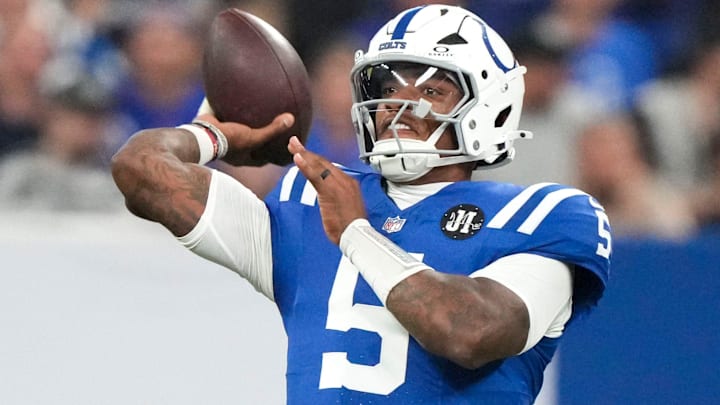 Oct 5, 2025; Indianapolis, Indiana, USA; Indianapolis Colts quarterback Anthony Richardson (5) throws a pass during a game against the Las Vegas Raiders  at Lucas Oil Stadium. 