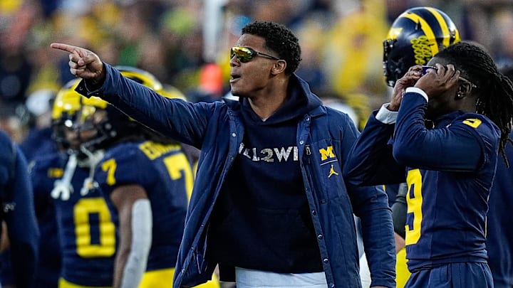 Michigan defensive back Will Johnson (2) reacts to a referee call that ruled an incomplete pass intended for tight end Colston Lovelan (not in the photo) during the second half against Oregon at Michigan Stadium in Ann Arbor on Saturday, Nov. 2, 2024. Michigan defensive back Will Johnson (2) reacts to a referee call that ruled an incomplete pass intended for tight end Colston Lovelan (not in the photo) during the second half against Oregon at Michigan Stadium in Ann Arbor on Saturday, Nov. 2, 2024.