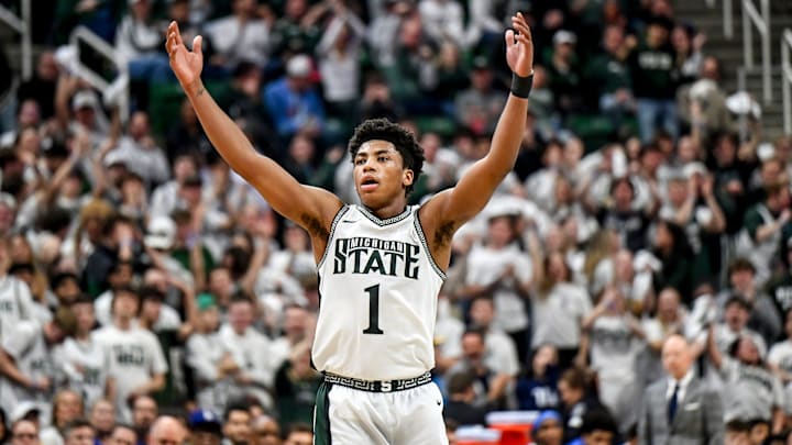 Michigan State's Jeremy Fears Jr. celebrates after a Coen Carr dunk against UCLA during the second half on Tuesday, Feb. 17, 2026, at the Breslin Center in East Lansing.
