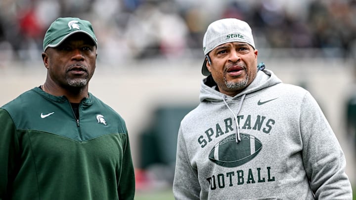 Michigan State's wide receivers coach Courtney Hawkins, left, and cornerbacks coach Demetrice Martin look on during the Spring Showcase on Saturday, April 20, 2024, at Spartan Stadium in East Lansing.