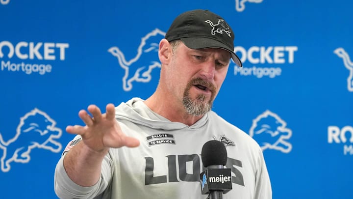 Detroit Lions head coach Dan Campbell speaks to members of the media at the Detroit Lions practice facility Detroit Lions head coach Dan Campbell speaks to members of the media at the Detroit Lions practice facility
