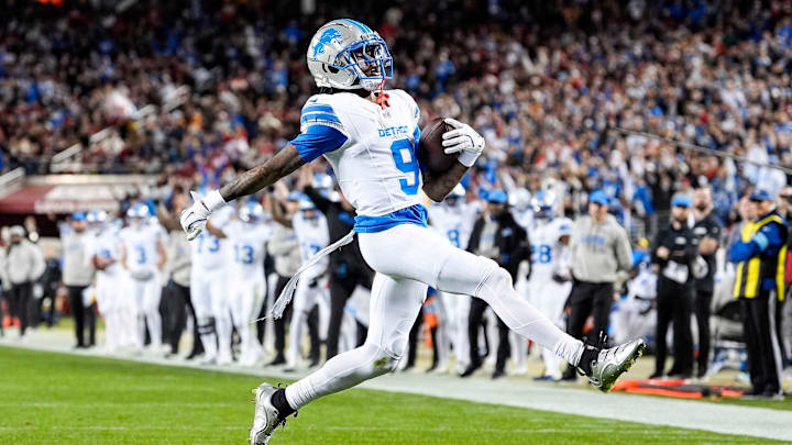 Detroit Lions wide receiver Jameson Williams (9) runs for a touchdown against San Francisco 49ers during the first half at Levi's Stadium in Santa Clara, Calif. on Monday, Dec. 30, 2024. Detroit Lions wide receiver Jameson Williams (9) runs for a touchdown against San Francisco 49ers during the first half at Levi's Stadium in Santa Clara, Calif. on Monday, Dec. 30, 2024.